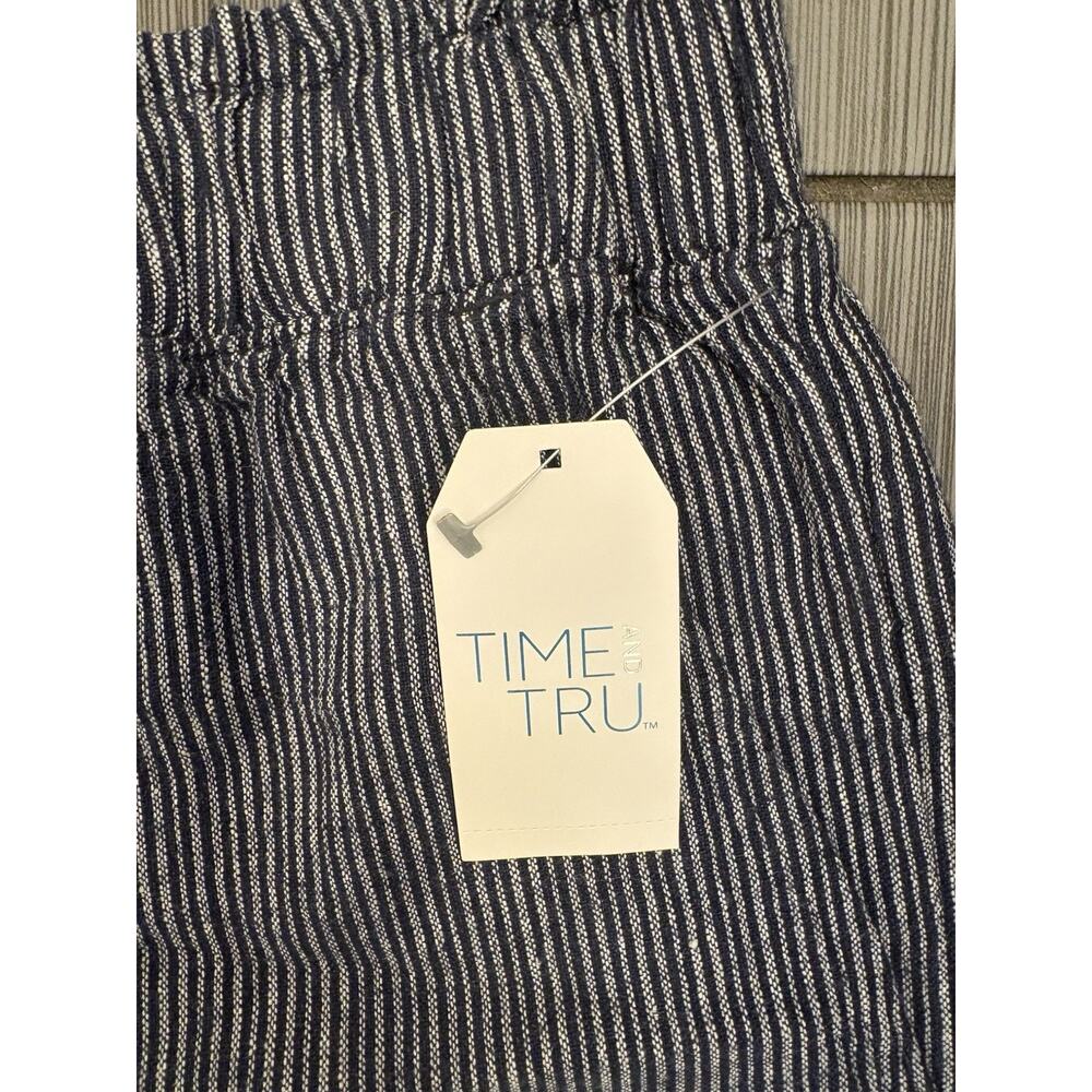 Time and Tru Women's Wide Leg Linen Blend Pants Large Navy Blue Striped Coastal - Picture 2 of 5